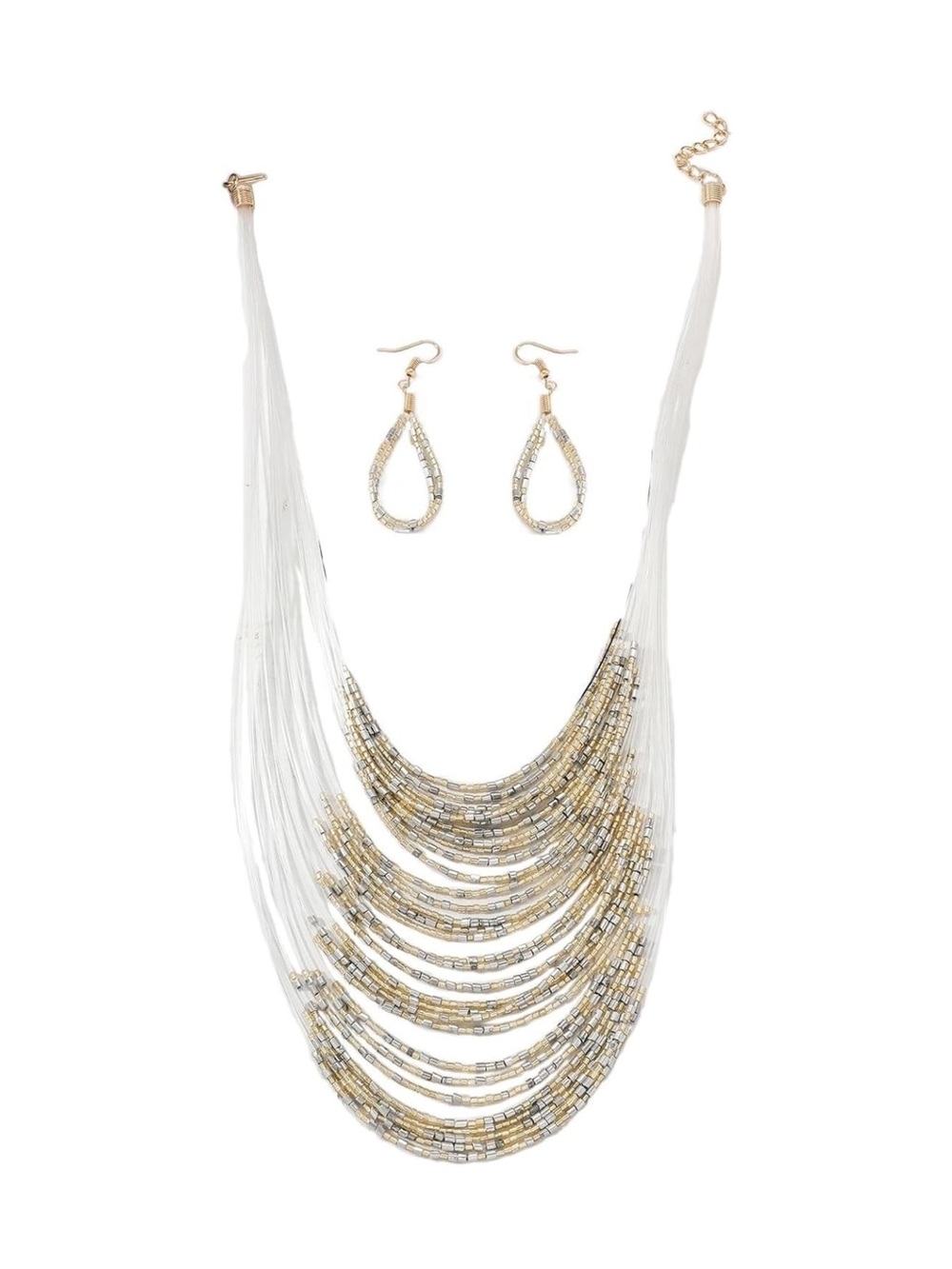 Multi-Row Gold & Silver Beaded Necklace with Matching Earrings - Women Jewelry
